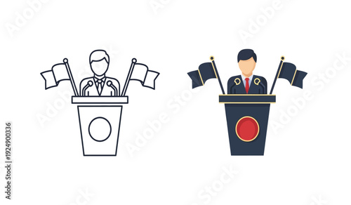 Two cartoon businessmen giving speeches from podiums with flags on either side in black and color versions