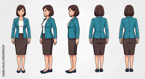 A collection of five cartoon illustrations showcasing a professional woman in business attire from various angles.