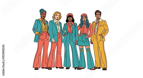 A diverse group of five people dressed in vibrant 1970s fashion, posing together.