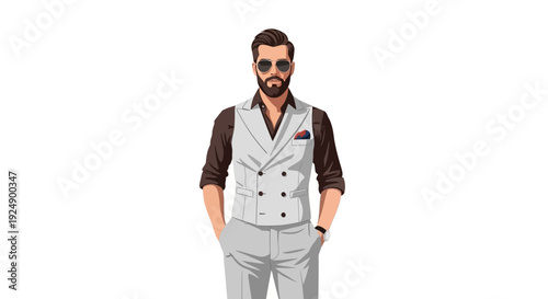 A stylishly dressed man with a beard and sunglasses stands with his hands in his pockets.