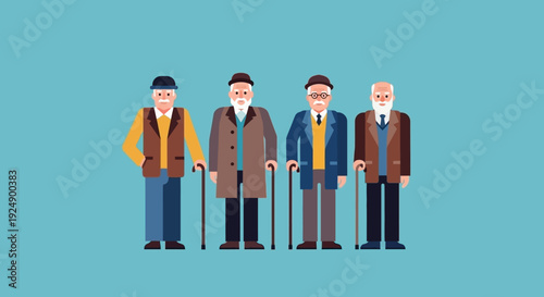 Four elderly men standing together with canes, dressed in formal attire against a teal background.