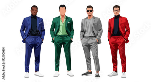 Four men in stylish suits of different colors, including blue, green, gray, and red, posing against a white background.