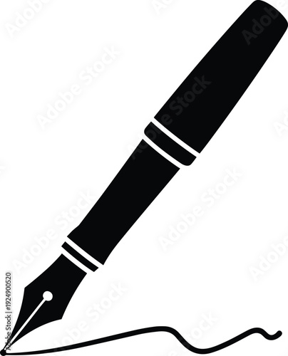 Black silhouette illustration of fountain pen drawing wavy line, symbolizing writing, creativity, communication, literature, artistic expression, vector design