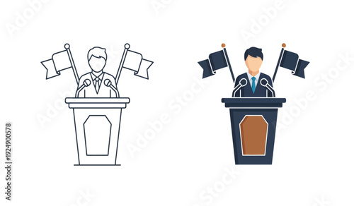 Two businessmen giving speeches from podiums with flags behind them in line art and colored versions