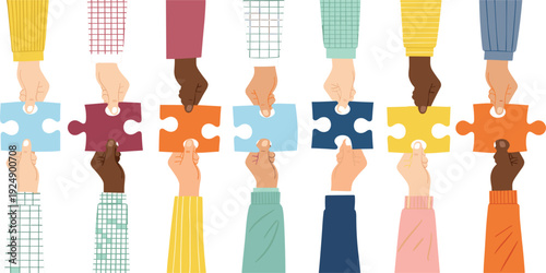 Diverse Hands Holding Puzzle Pieces Vector Illustration Symbolizing Teamwork, Collaboration, Diversity, Inclusion, Unity, and Community Partnership for Business and Social Concepts