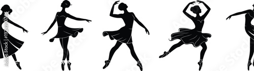 Five Black Silhouettes of Ballet Dancers in Various Poses on White Background woman female