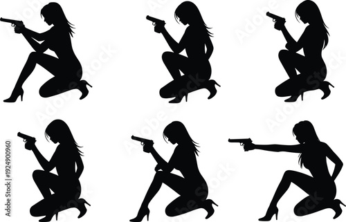 Black silhouette illustration of six kneeling female figures with handguns, varied poses, dynamic stances, weapon handling, stylized vector design