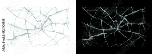Canvas Print Cracked glass shattered windowpane on white and black backgrounds