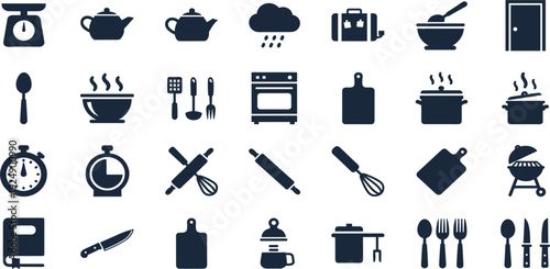 Large Collection of Kitchenware and Cooking Utensils Silhouette Icons Featuring Pots Pans Knives Cutting Boards Rolling Pins Timers and Appliances for Culinary Recipe App Designs