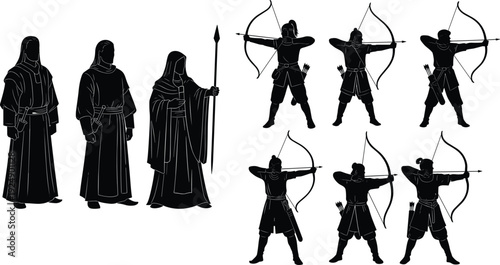 Silhouette of ancient robed advisors facing armed archers in battle stance, depicting historical confrontation between spiritual leaders and warriors