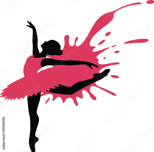 Silhouette of Ballerina in Pink Tutu with Red Paint Splatter vector illustration