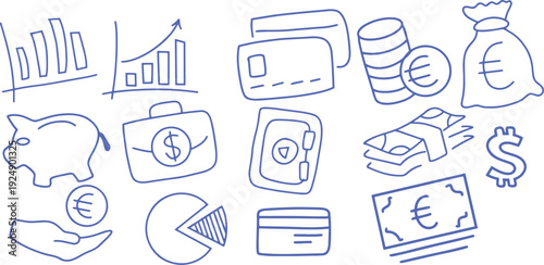 Finance and Investment Doodle Icon Set. Banking, Savings, Credit Card, Piggy Bank, Cash, Euro Currency, Analytics Growth, Wallet, Safe, Money Bag Hand Drawn Outline Symbols
