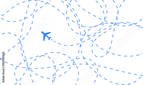 A blue airplane icon navigates through a complex network of dashed flight paths. Minimalist vector illustration for travel, logistics, and planning.