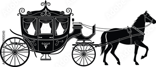 Silhouette of ornate horse-drawn carriage with decorative roof, curtains, spoked wheels, harnessed horse, representing vintage travel, royalty, and classical storytelling