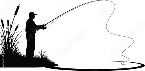 Silhouette of person fishing from grassy riverbank with cattails, curved fishing line over water, peaceful outdoor nature leisure scene