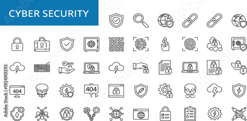 Professional Cyber Security Line Icon Set Featuring Digital Data Protection Network Safety Firewalls Encryption Biometric Fingerprint Scanning Cloud Storage Security and Malware Defense Illustrations