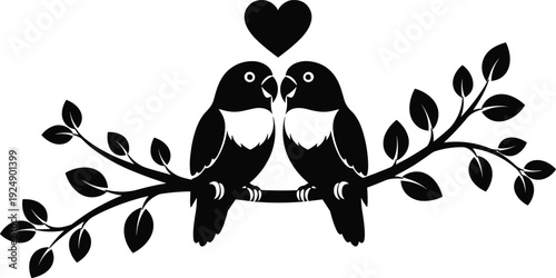 Silhouette of two birds perched on branch with heart symbol above, representing love, affection, unity, and nature theme