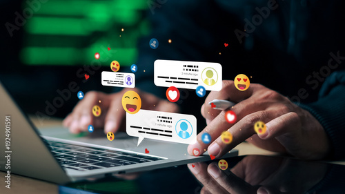 Social media engagement concept with chat notifications, emoji reactions and online communication on laptop for digital marketing strategy.