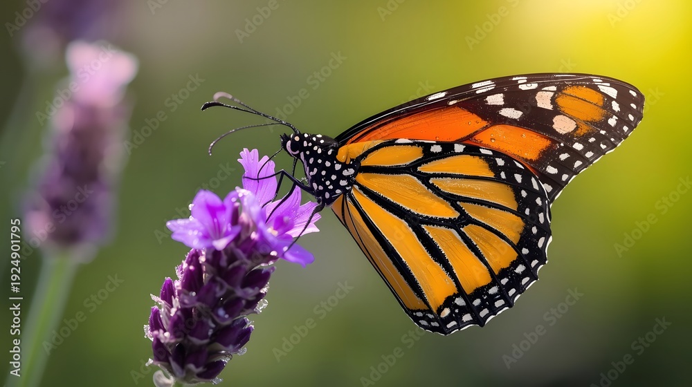 Fototapeta premium A vibrant orange butterfly finds a quiet moment on a purple bloom.