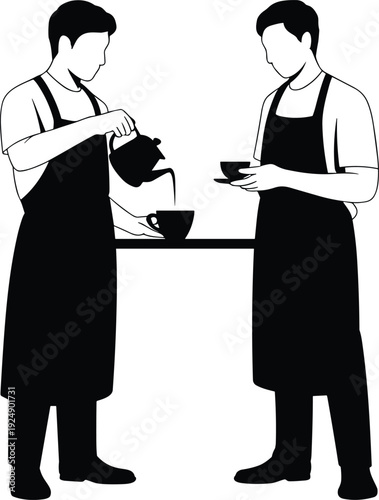 Black silhouette illustration of two baristas in aprons serving coffee at café table, beverage service, hospitality, teamwork, food industry vector design