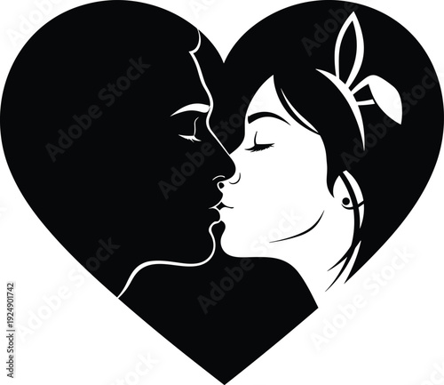 Stylized black and white heart illustration of kissing couple, romantic love design symbolizing intimacy, affection, and artistic expression