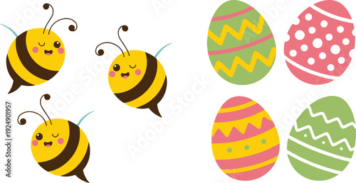 Cute bee characters circle and colorful easter egg illustration set in playful spring cartoon style