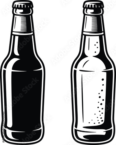 Black silhouette illustration of two beer bottles, one dark stout and one light lager with bubbles, beverage diversity, vector design