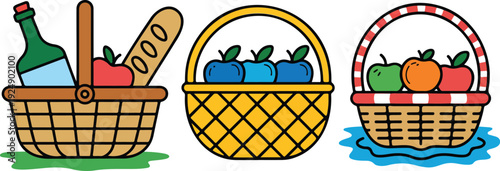 Summer Picnic Basket Icon Set  Fruits, Bread, and Outdoor Fun