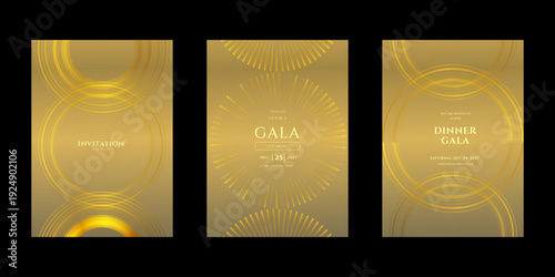 Set of three luxury gold invitation templates for a gala or formal event. Features modern geometric patterns and an elegant, sophisticated design for special occasions.