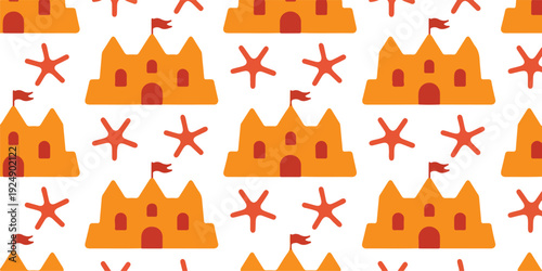 Playful Summer Beach Pattern  Sandcastles, Starfish, and Seashells