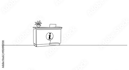 Line art information desk counter with help icon and plant