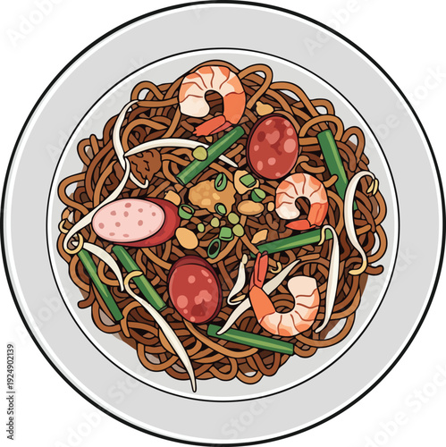 Delicious Asian Stirfried Noodles with Shrimp and Sausage.