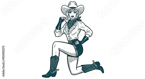 Retro Pin-Up Cowgirl Posing on One Knee in Western Outfit and Boots