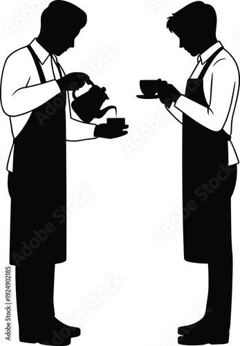 Black silhouette illustration of two baristas in aprons serving tea or coffee, hospitality service, teamwork, café beverage preparation, food industry vector design