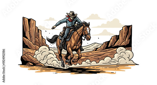 Cowboy Riding a Horse Through a Dusty Canyon Landscape, Western Adventure Scene