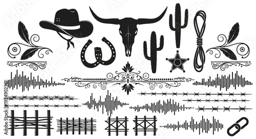 Western and Cowboy Elements Collection: Icons, Ornaments, and Textures for Design