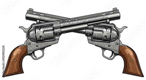 Two Engraved Revolver Pistols Crossed in a Vintage Western Style, Illustration