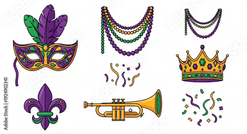 Mardi gras festive elements with mask beads crown trumpet and confetti on white background