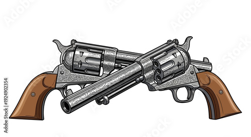 Vintage Revolver Pistols Crossed, Classic Western Firearm Illustration