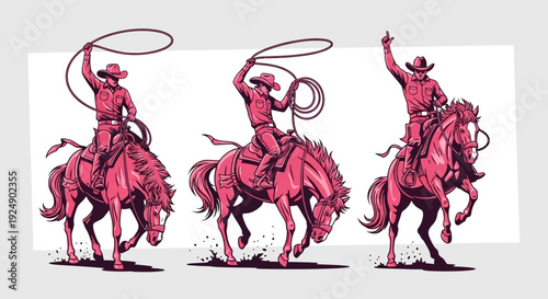 Rodeo Cowboy in Action: Lassoing and Riding a Bucking Horse, Dynamic Illustration