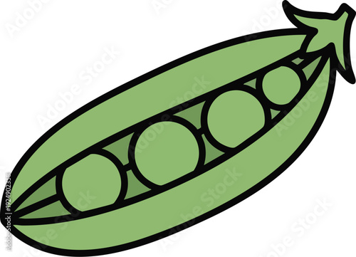 Fresh Green Pea Pod with Five Peas Inside Illustration.