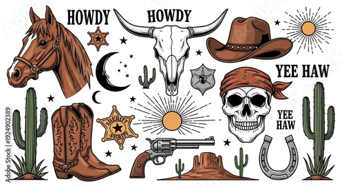 Western Cowboy Elements Collection with Horse, Skull, Hat, Boots, and Gun
