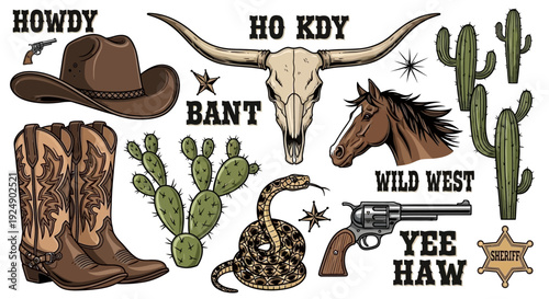 Wild West Cowboy and Western Elements Collection: Boots, Hat, Skull, Horse, Snake