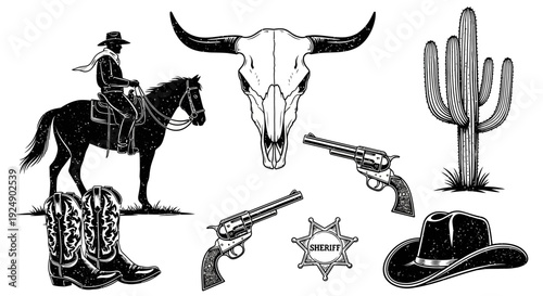 Wild West Cowboy Silhouette, Skull, Cactus, Revolvers, Sheriff Badge, and Hat