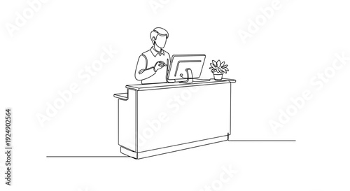 Line art receptionist standing at desk with laptop and plant