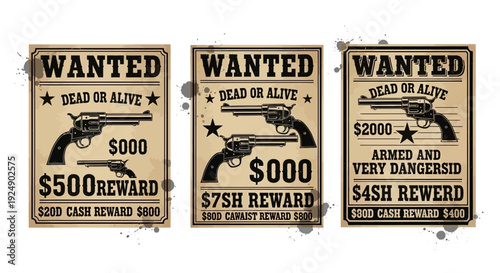 Vintage Wanted Posters with Old West Guns and Reward Information