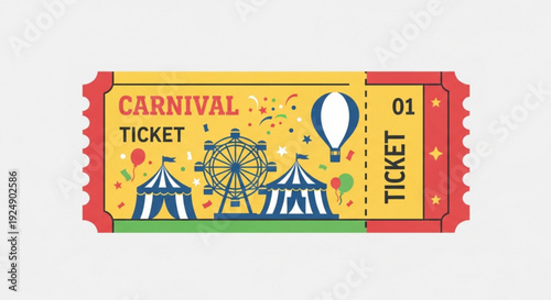Vibrant carnival ticket with ferris wheel tent and hot air balloon on yellow background