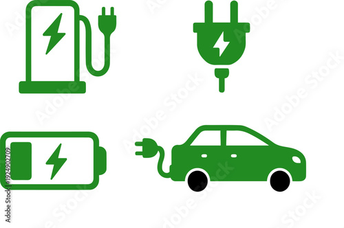 Green electric vehicle (EV CAR) charging station, battery, and car flat icon set