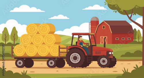 Tractor Driver Transporting Hay

Flat vector illustration of a tractor driver transporting hay bales on a trailer. Barn and rural landscape visible. Flat vector style, countryside atmosphere.