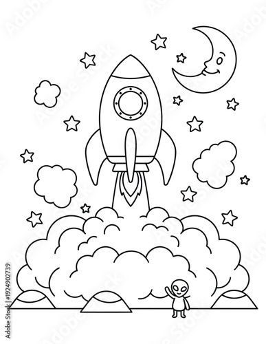 Rocket ship blasting off into space from a moon surface for a kids coloring book page